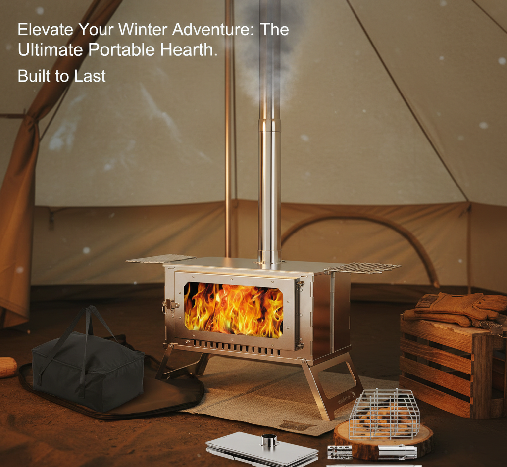 Portable Wood Burning Stove with 6 Stainless Steel Chimney Pipes – Compact Hot Tent Stove for Winter Camping, Heating & Outdoor Cooking, Multi-Fuel Outdoor Stove