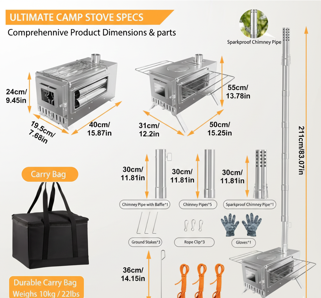 Portable Wood Burning Stove with 6 Stainless Steel Chimney Pipes – Compact Hot Tent Stove for Winter Camping, Heating & Outdoor Cooking, Multi-Fuel Outdoor Stove